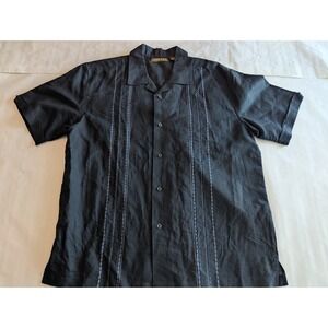 Cubavera Men Black Linen Blend Short Sleeve Button-Up Shirt Embroidered L